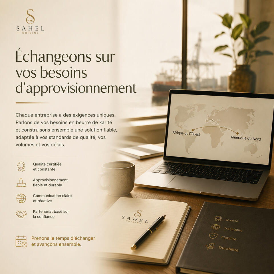 Échangeons sur vos besoins d’approvisionnement .Derrière chaque besoin d’approvisionnement se trouvent des exigences de qualité, de régularité et de confiance. Sahel Origins accompagne les entreprises à la recherche d’un approvisionnement plus fluide et s